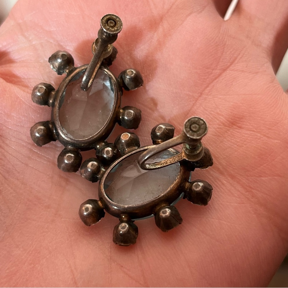 Antique Art deco Sterling Silver oversized pale blue quartz Screw back earrings - Picture 10 of 15